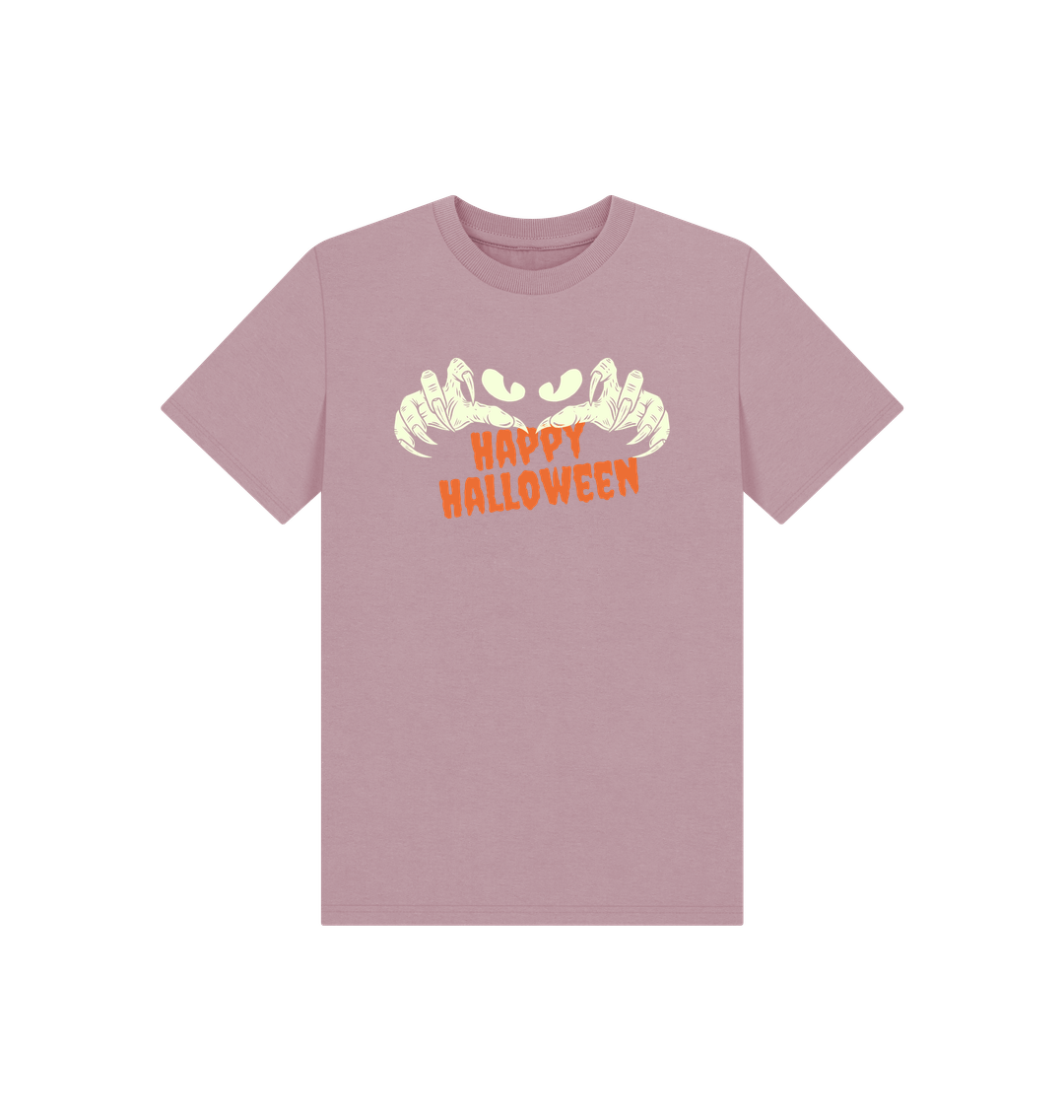 Pink t-shirt with "Happy Halloween" and ghost design