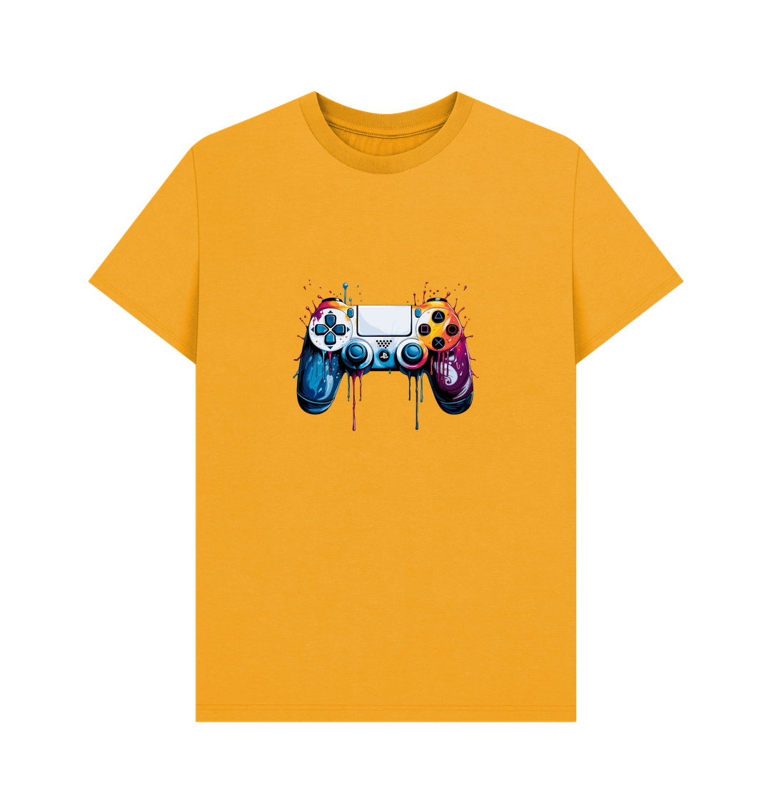 Yellow t-shirt with colorful game controller graphic