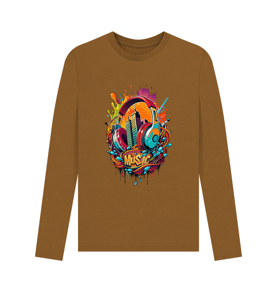 Brown long-sleeved t-shirt with colorful music-themed graphic