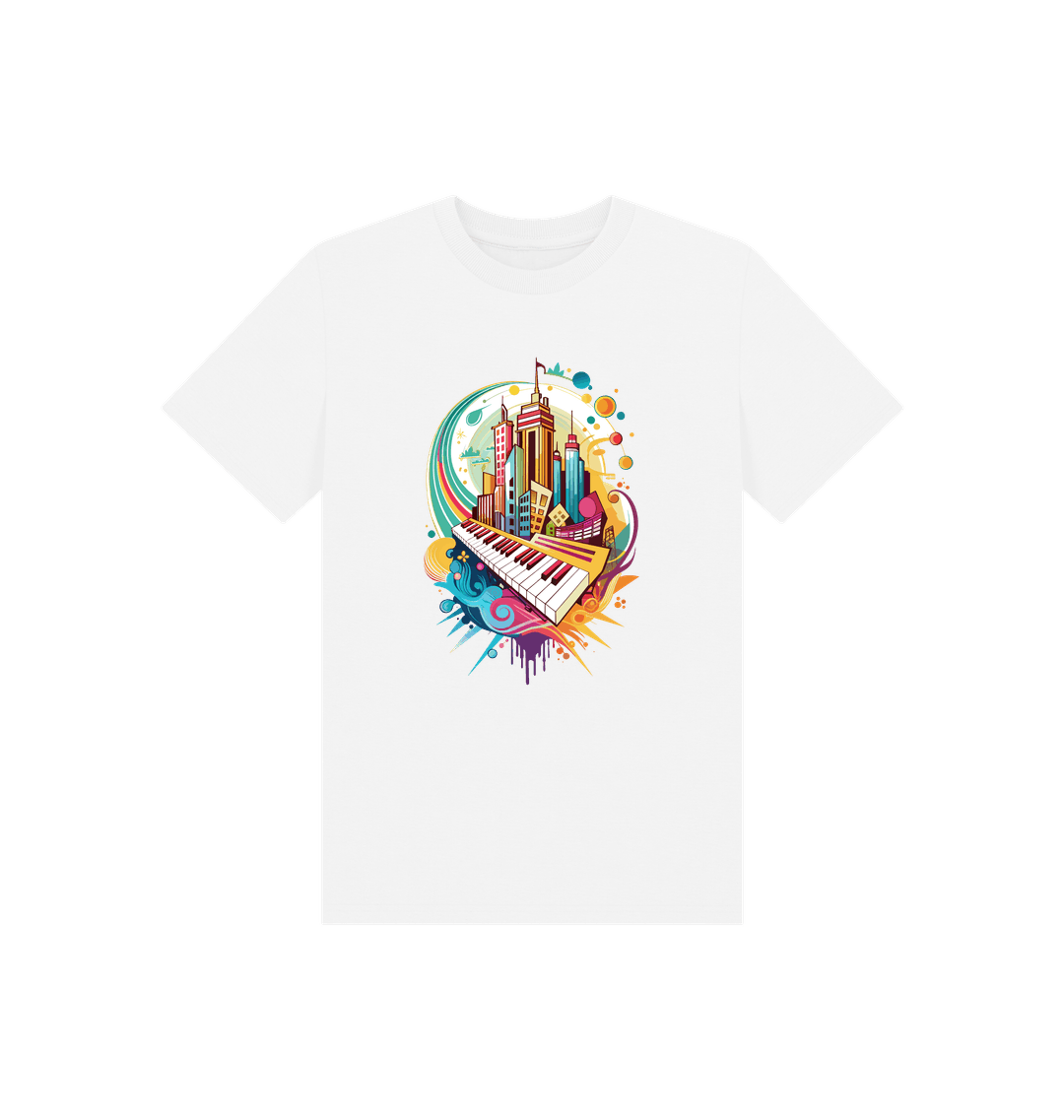 White t-shirt with colorful cityscape and piano design