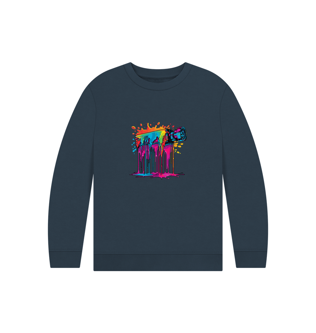 Dark blue sweatshirt with colorful paint splatter design