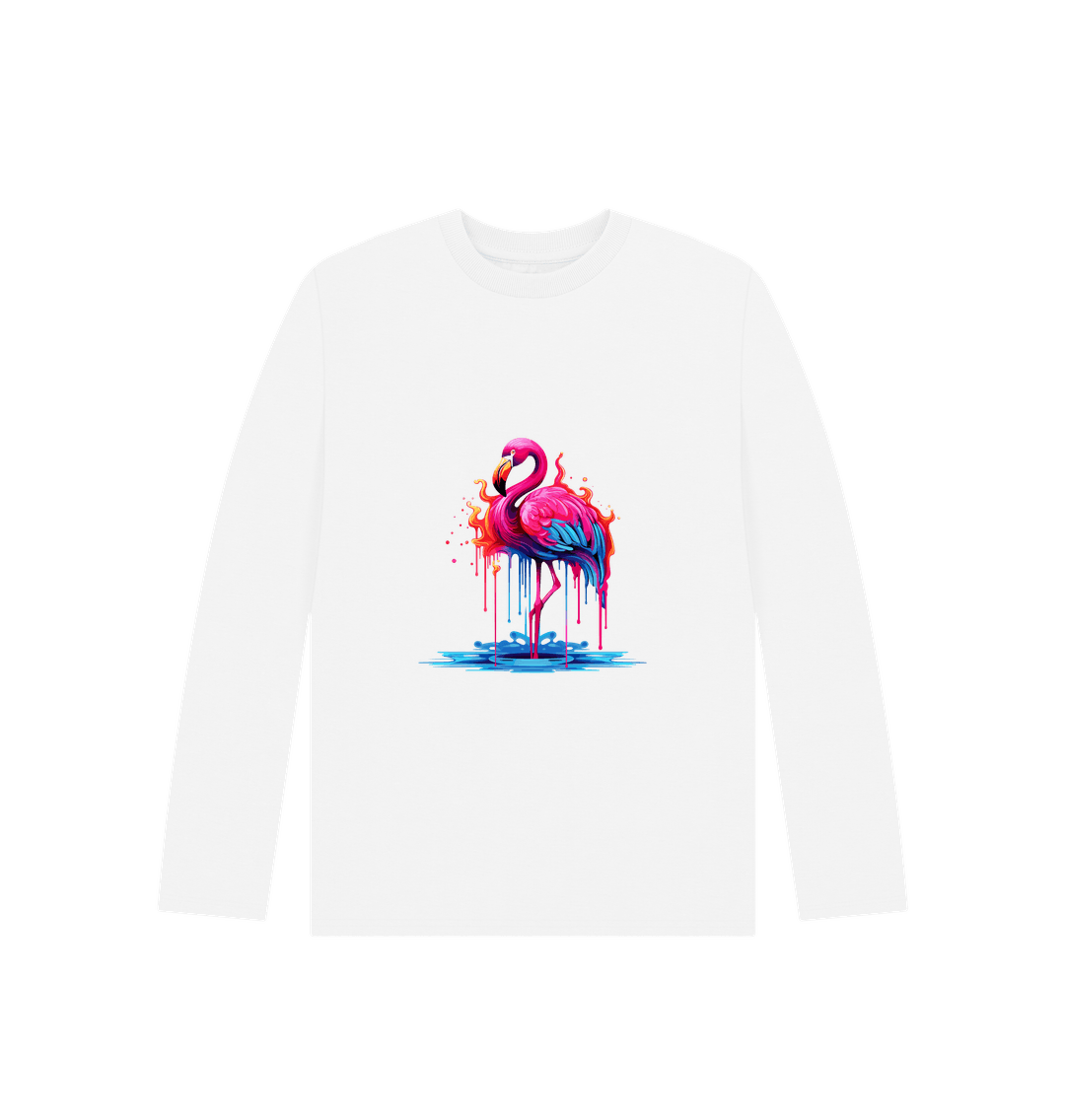 White long-sleeved t-shirt with flamingo graphic