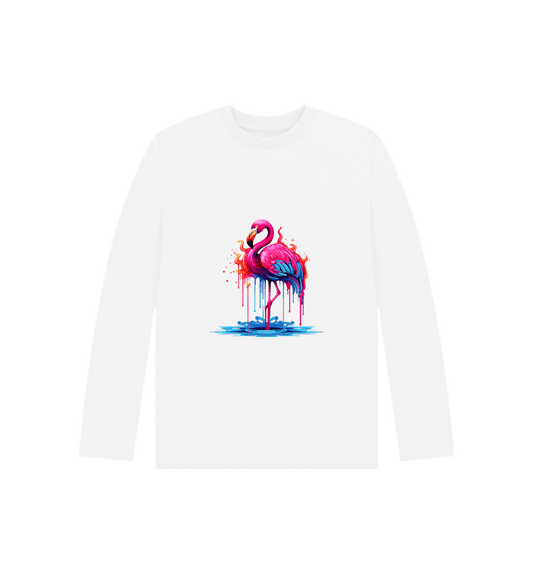 White long-sleeved t-shirt with flamingo graphic