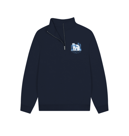 Navy blue quarter-zip sweatshirt with polar bear design