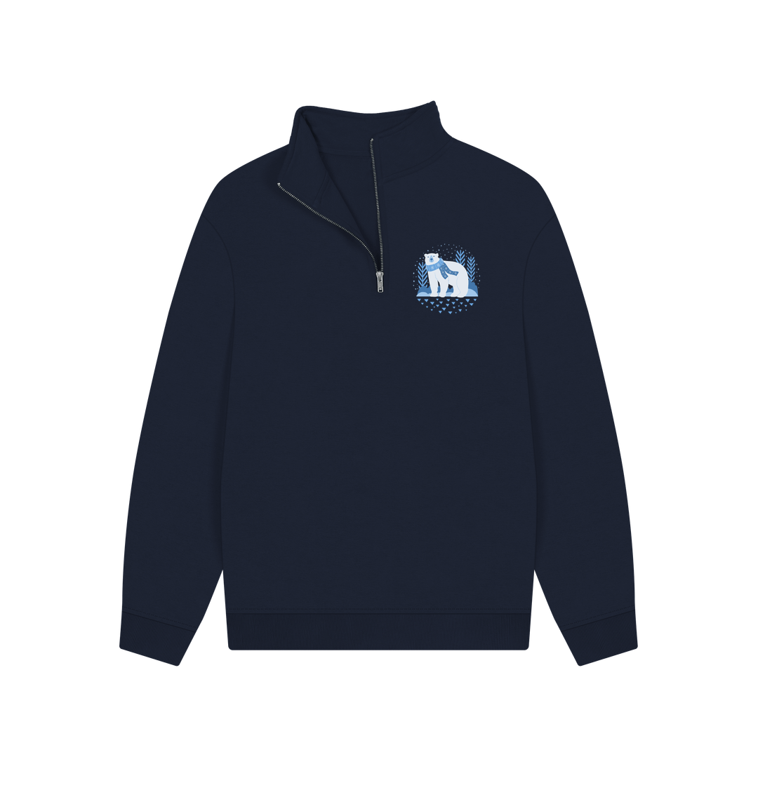 Navy blue quarter-zip sweatshirt with polar bear design