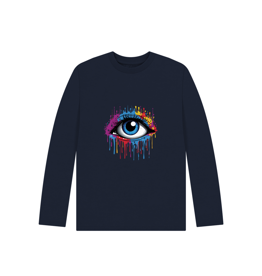 Long-sleeved navy t-shirt with colorful eye graphic