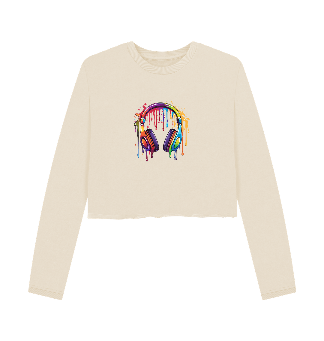 Cream-colored long-sleeve sweatshirt with colorful dripping headphones design