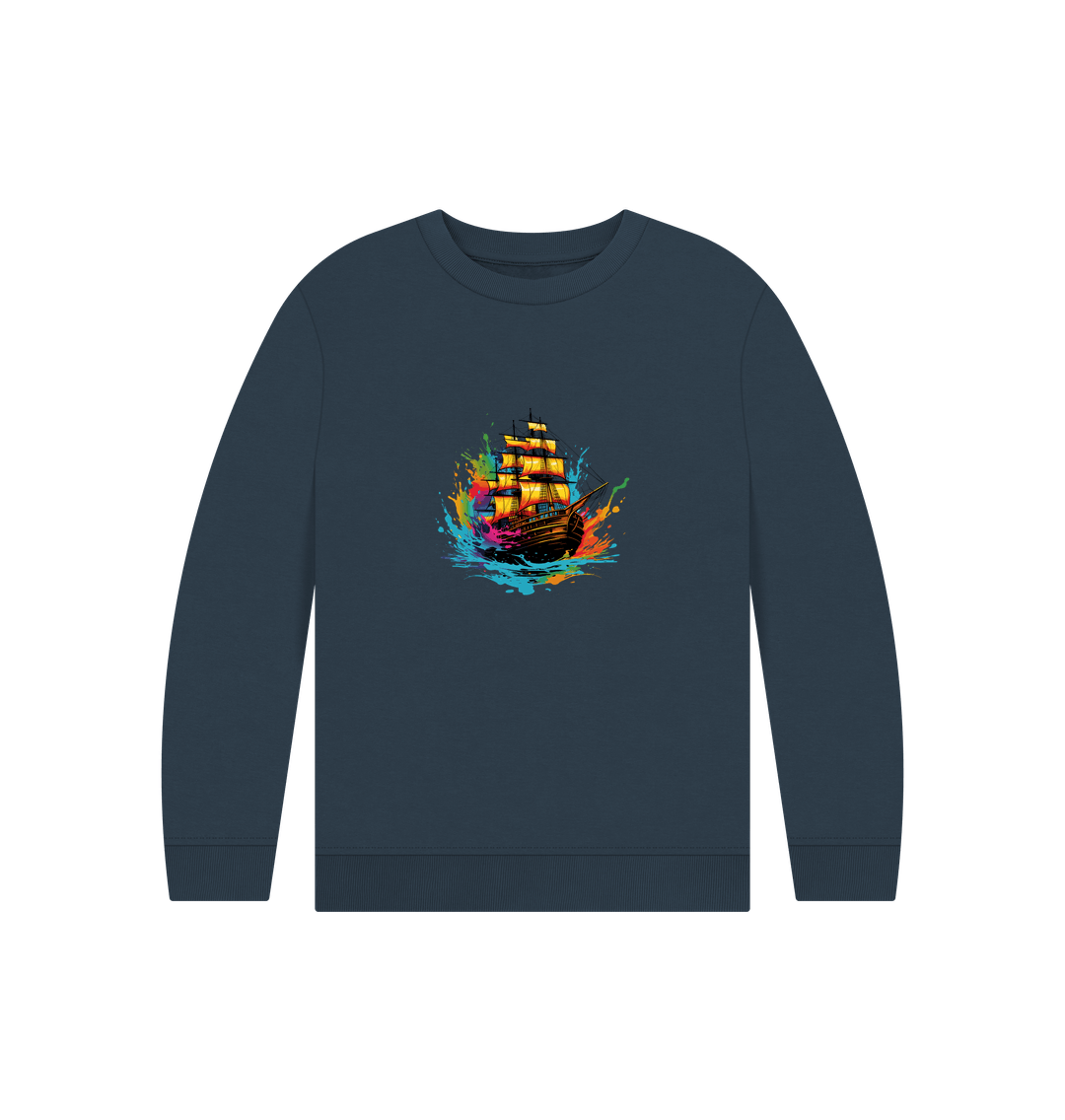 Dark blue sweatshirt with colorful ship graphic