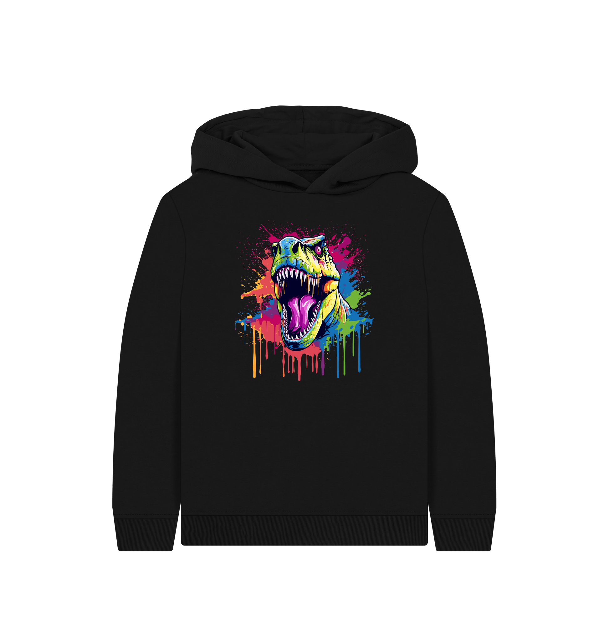 Black hoodie with colorful dinosaur graphic