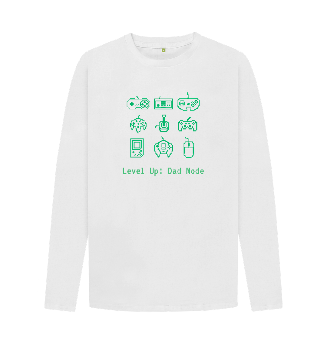 White long-sleeved t-shirt with green gaming icons and text
