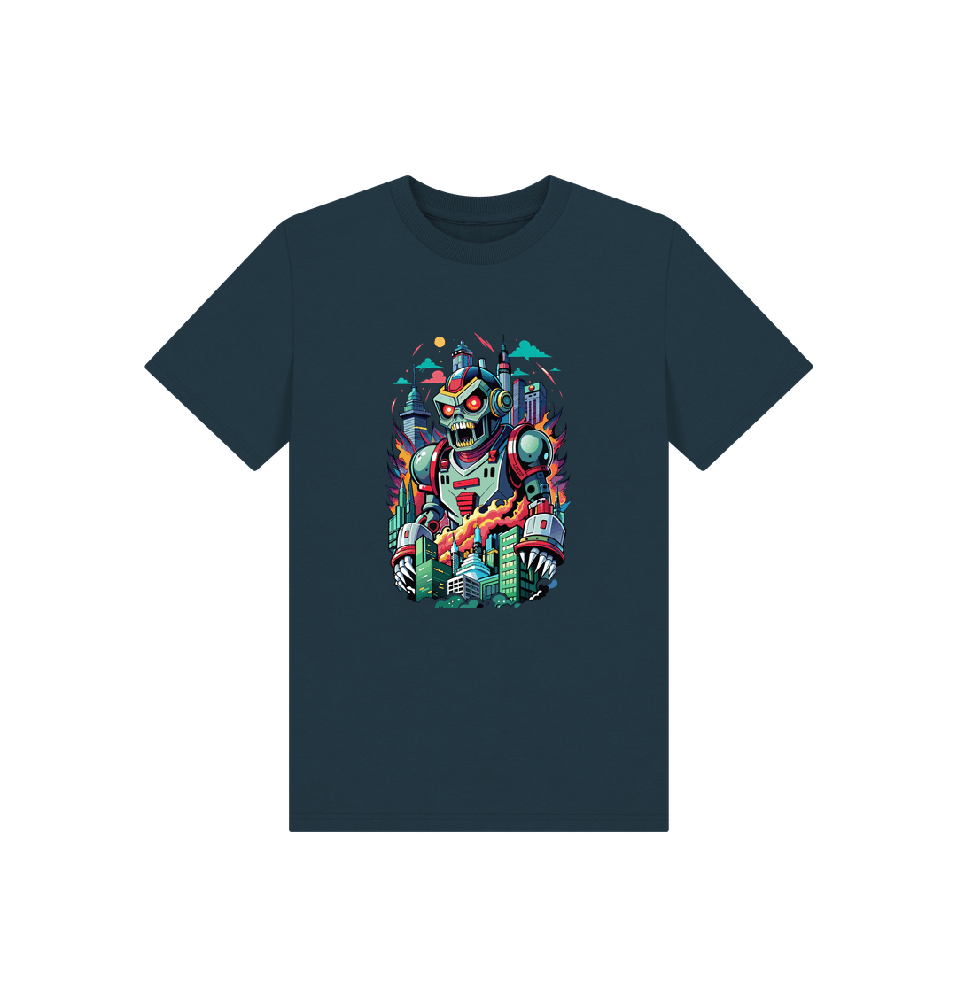 Robot-themed t-shirt with cityscape background