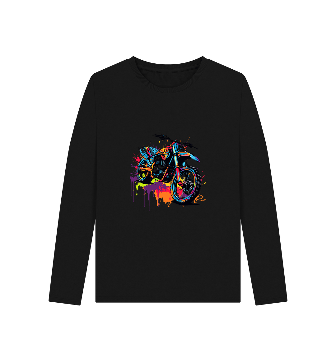 Black long-sleeved t-shirt with colorful motorcycle graphic