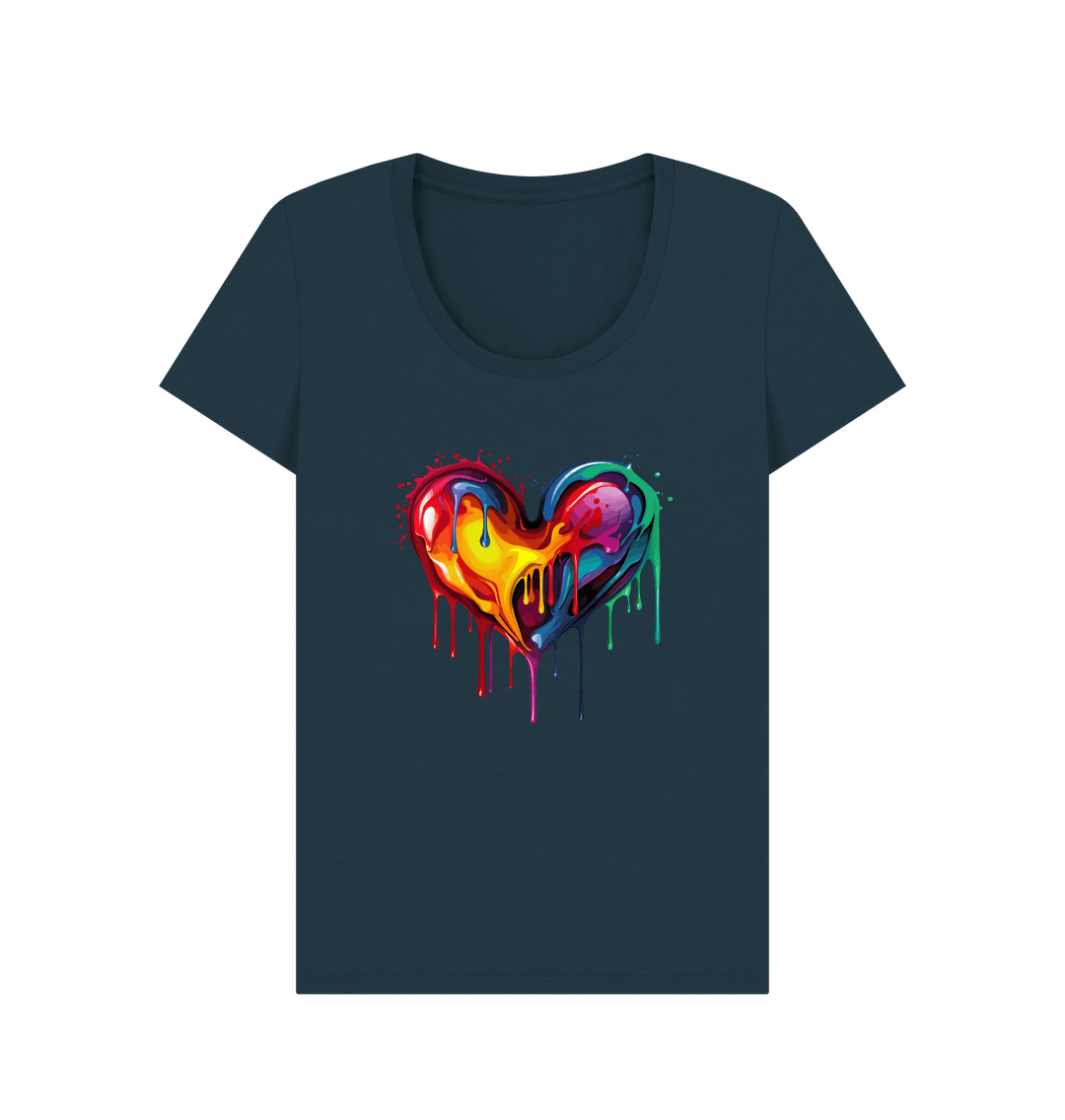Dark blue t-shirt with colorful dripping heart design