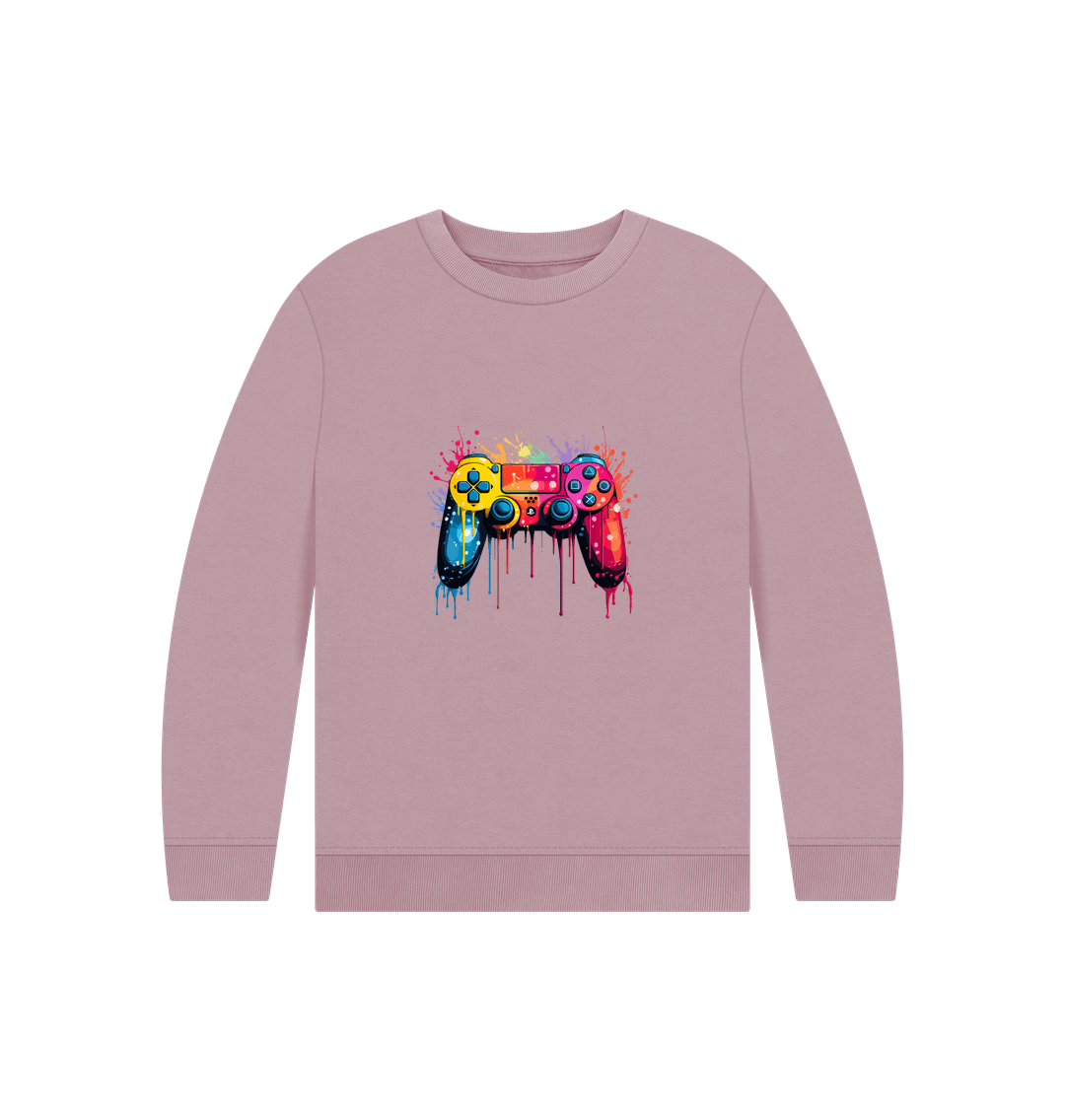 Pink sweatshirt with colorful game controller design