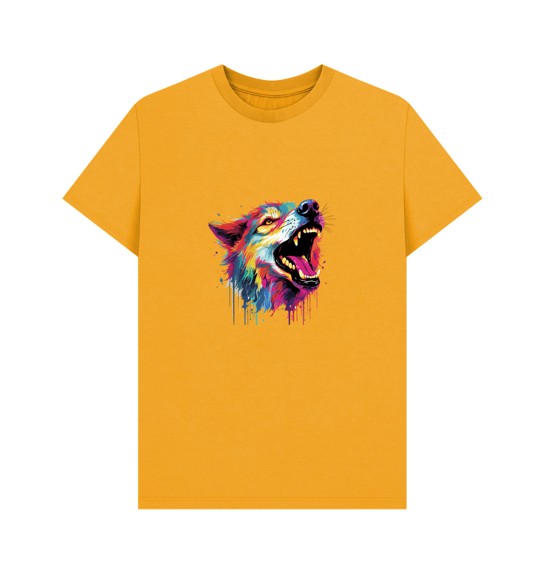 Yellow t-shirt with colorful wolf graphic