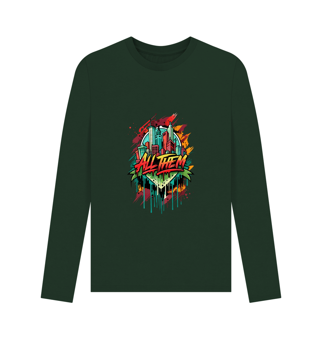 Dark green long-sleeved t-shirt with colorful cityscape graphic
