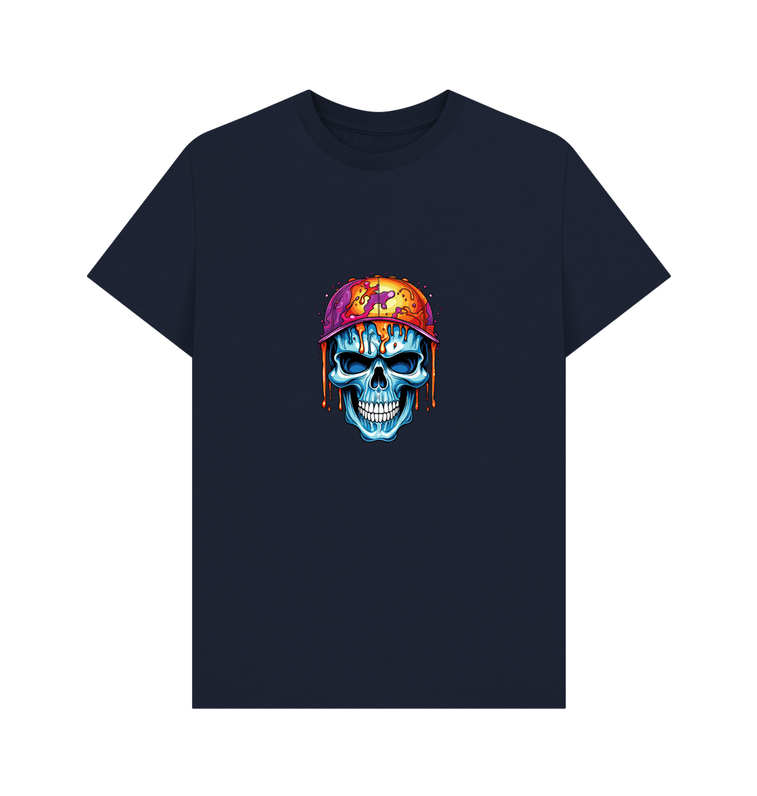 Navy blue t-shirt with colorful skull graphic