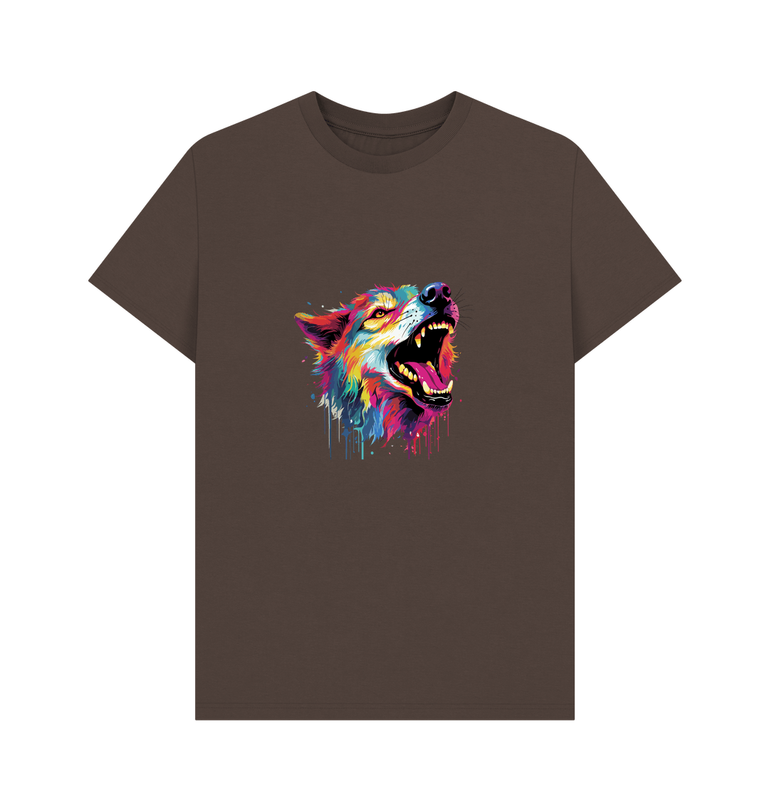 Brown t-shirt with colorful wolf graphic