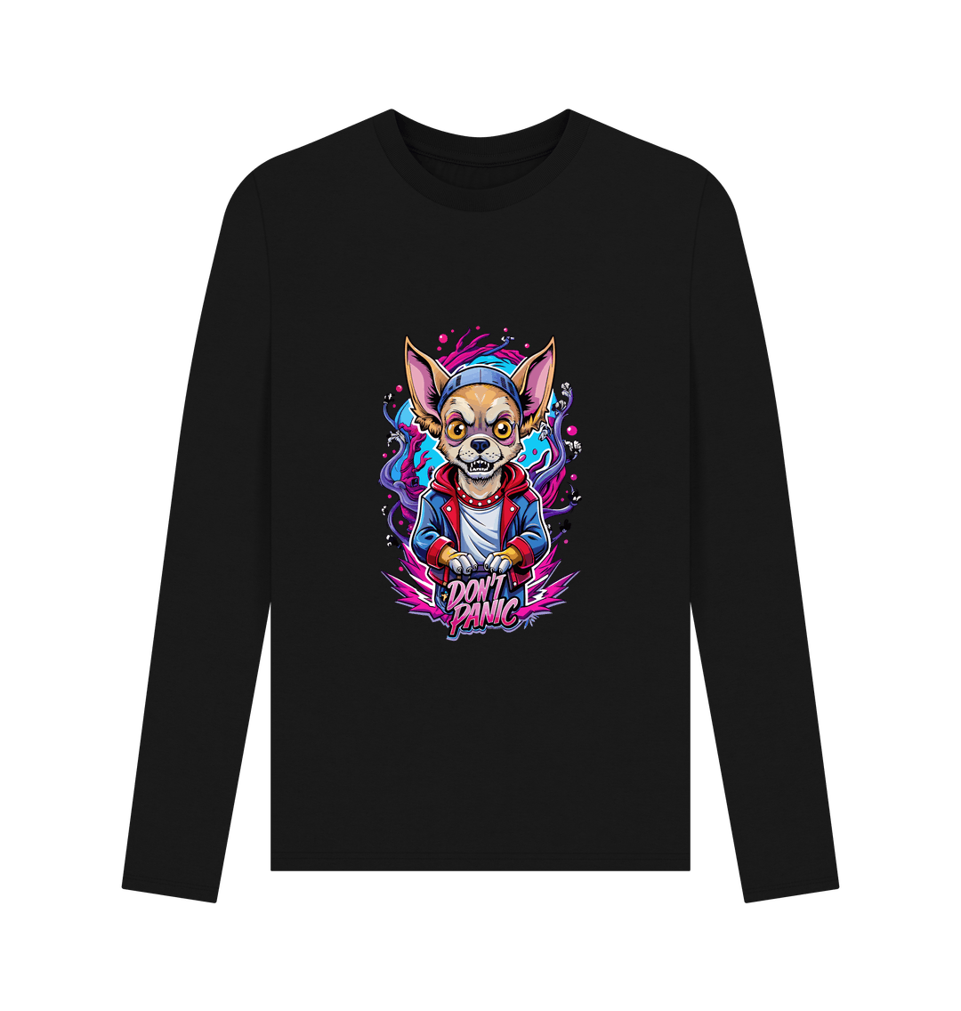 Black long-sleeved t-shirt with colorful dog graphic