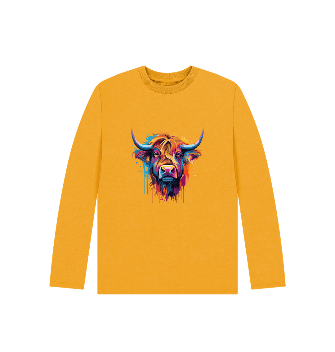 Yellow long-sleeved t-shirt with colorful bull graphic