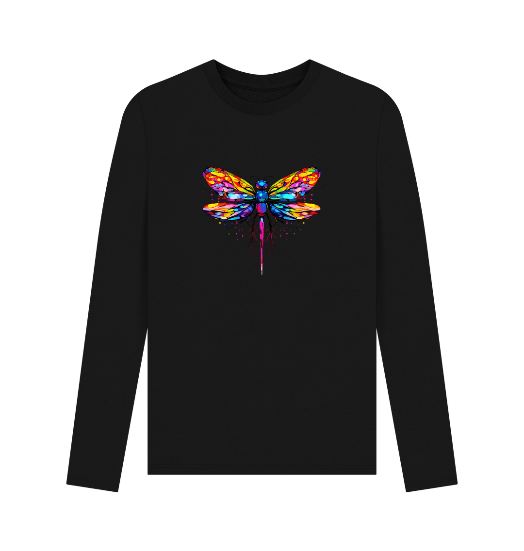 Black long-sleeved t-shirt with colorful dragonfly design