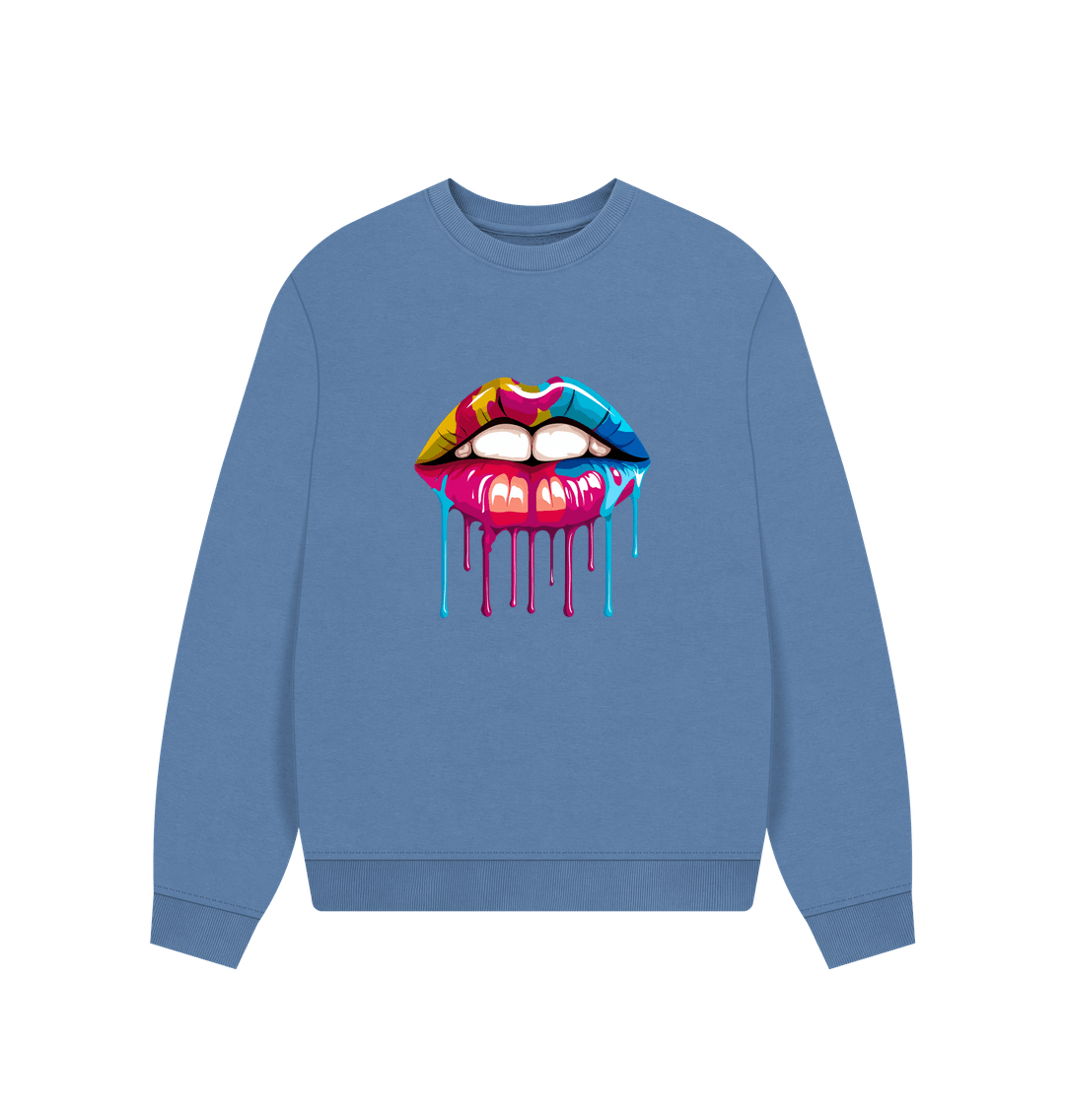 Blue sweatshirt with colorful dripping lips graphic