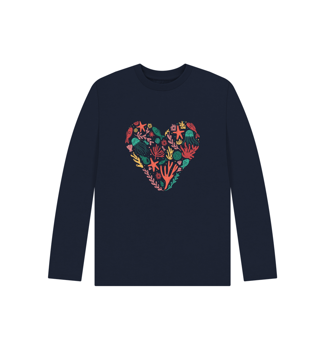 Navy blue long-sleeved t-shirt with heart-shaped marine life design