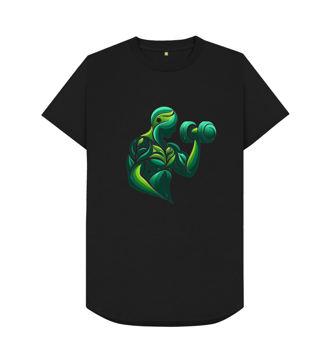 Black t-shirt with green leafy figure lifting dumbbell
