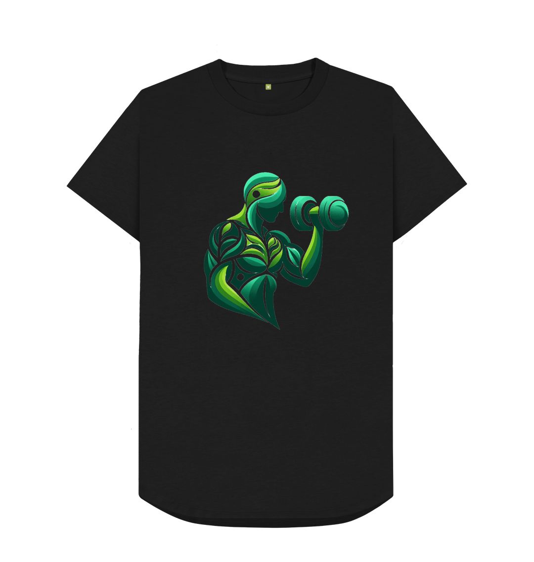 Black t-shirt with green leafy figure lifting dumbbells