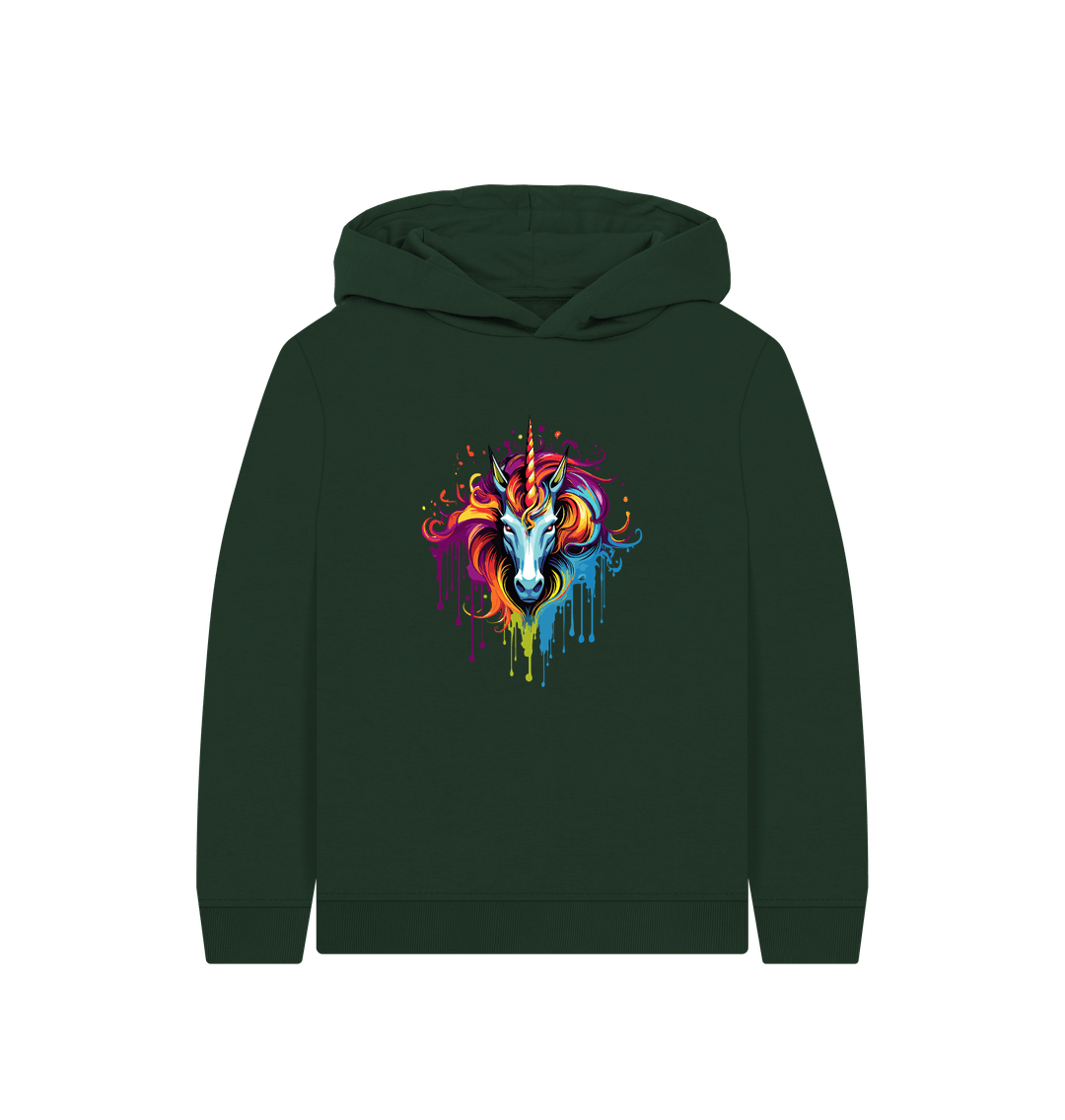 Dark green hoodie with colorful unicorn design