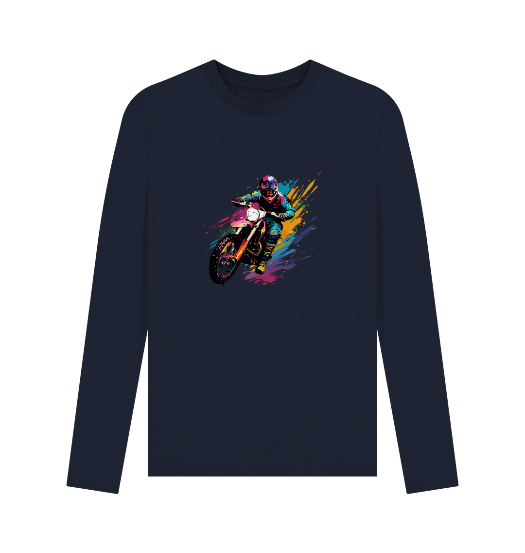 Navy blue long-sleeved t-shirt with motocross rider graphic