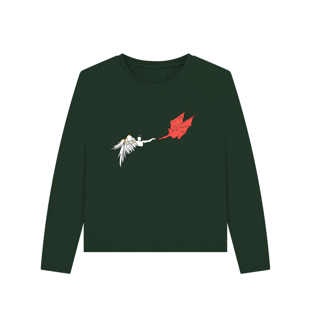 Dark green long-sleeved shirt with angel and devil illustration