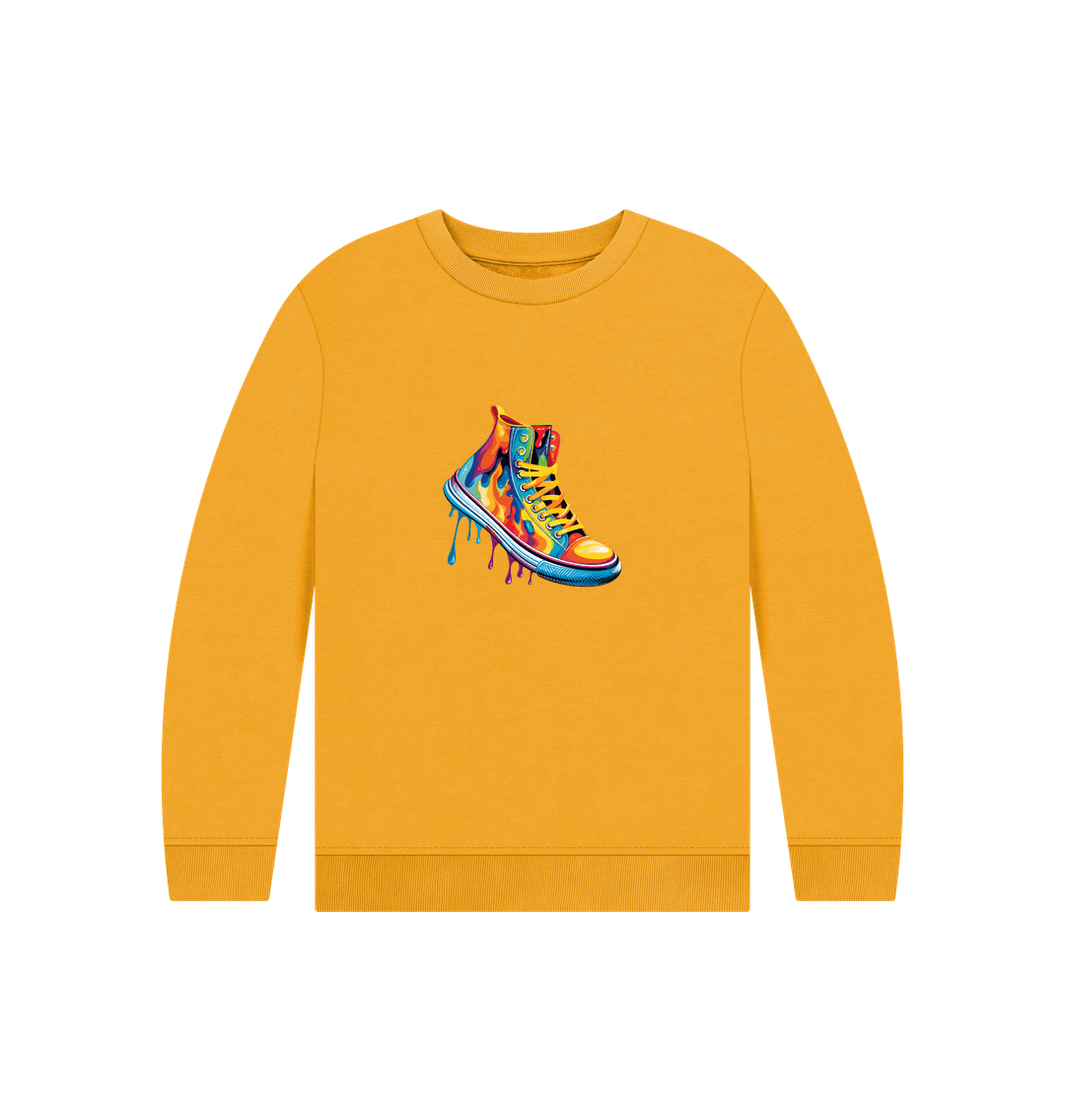 Yellow sweatshirt with colorful shoe graphic