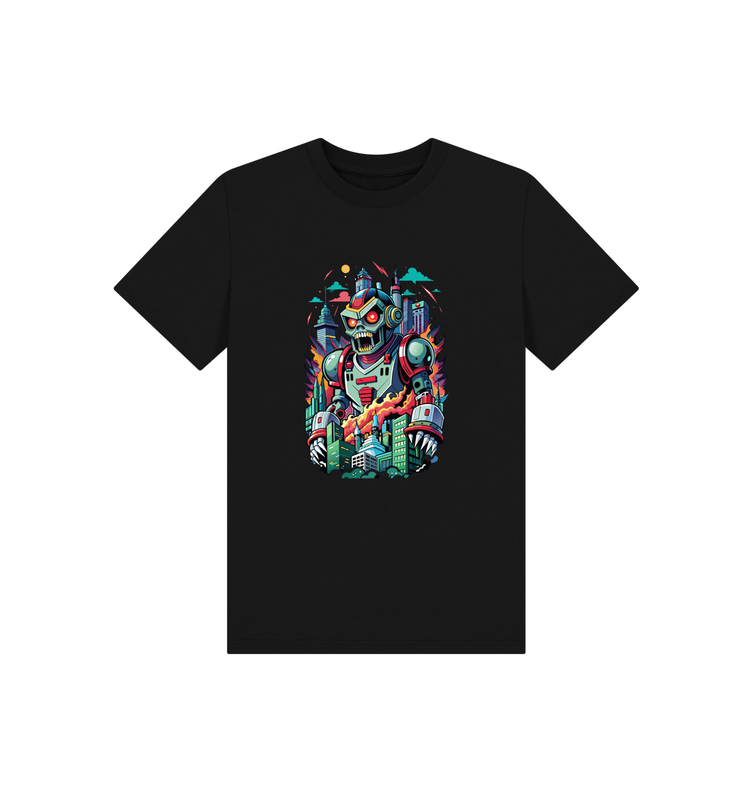 Black t-shirt with robot and cityscape design