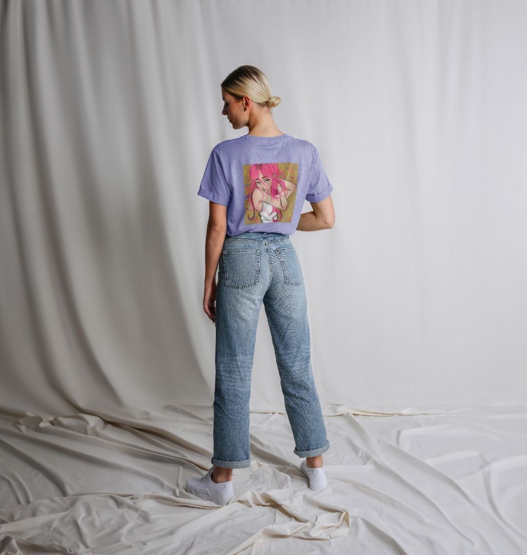 Purple t-shirt with anime character graphic (person)