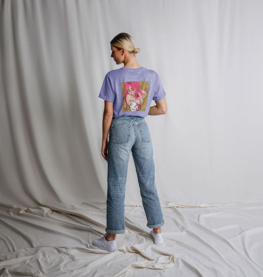 Purple t-shirt with anime character graphic (person)