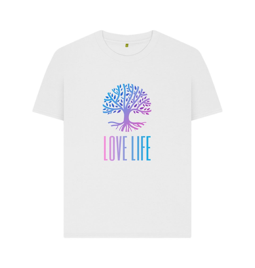 White t-shirt with colorful tree and "LOVE LIFE" text