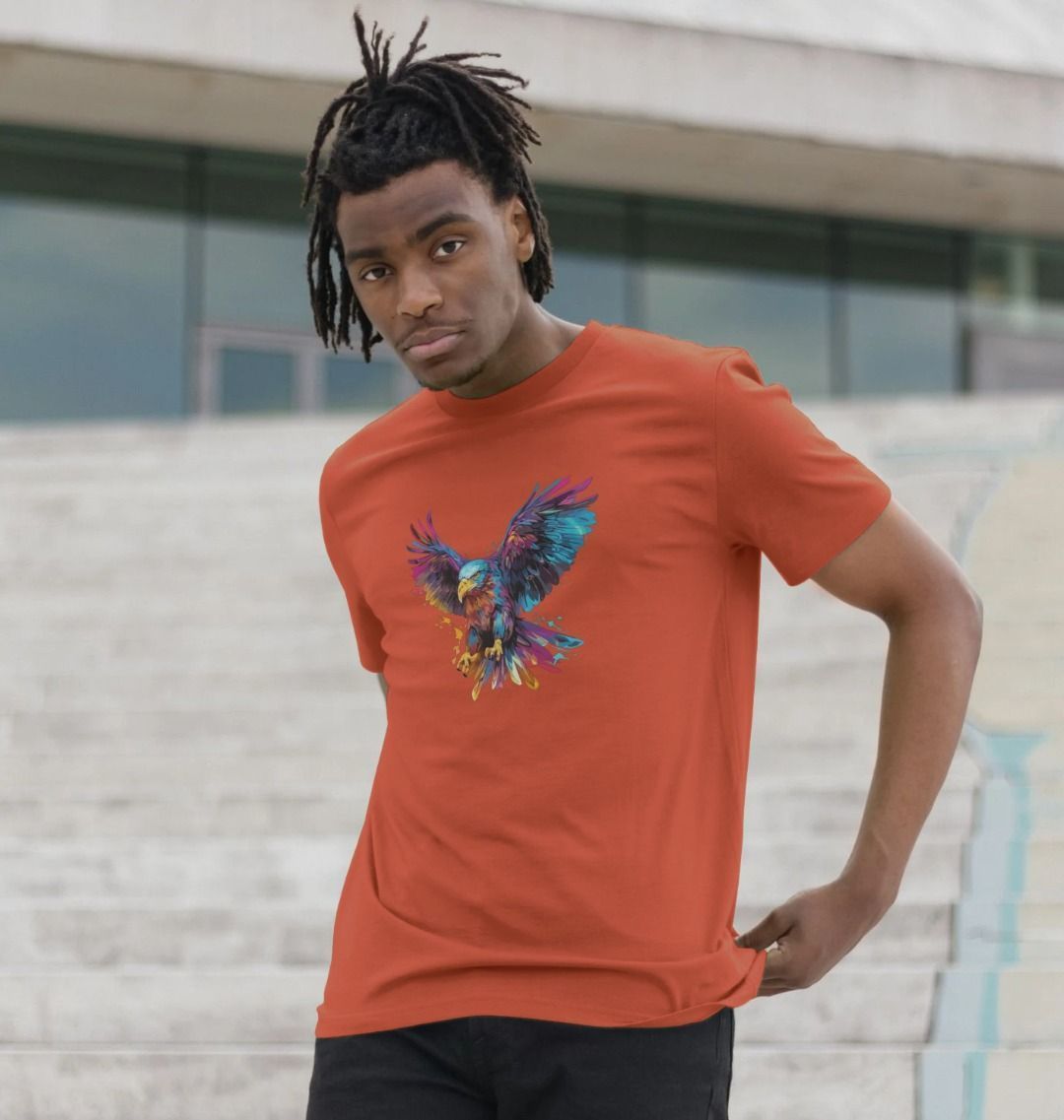 Orange t-shirt with colorful eagle graphic (person)