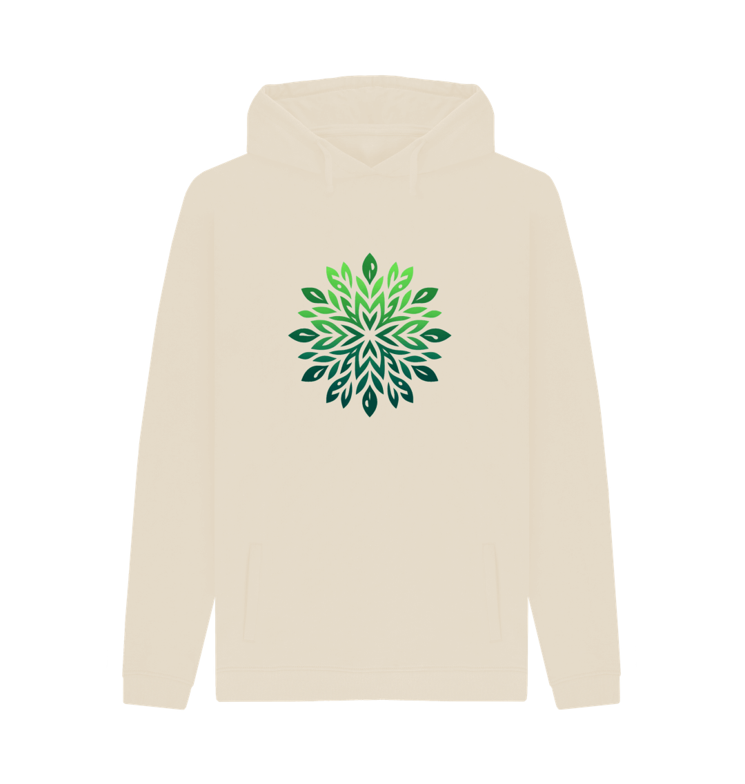 Cream hoodie with green leaf pattern