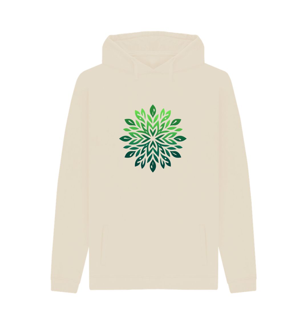 Cream hoodie with green leaf pattern