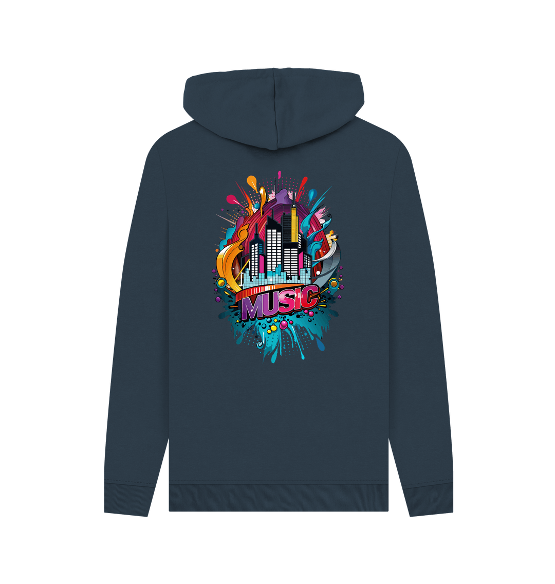 Dark gray hoodie with colorful "MUSIC" graphic