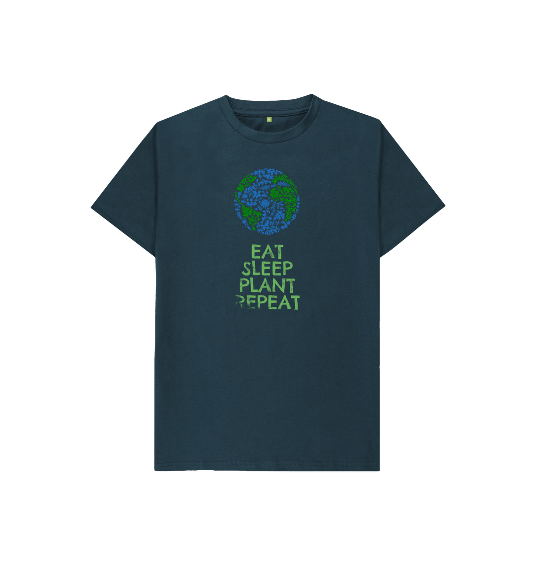 Dark blue t-shirt with "EAT SLEEP PLANT REPEAT" text and globe design