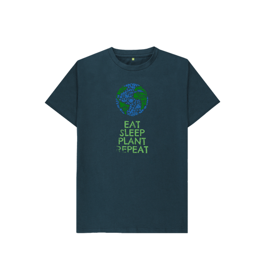 Dark blue t-shirt with "EAT SLEEP PLANT REPEAT" text and globe design