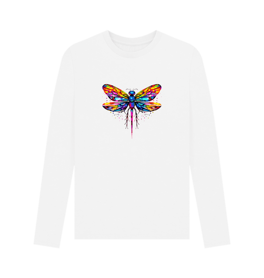 White long-sleeved t-shirt with colorful butterfly design