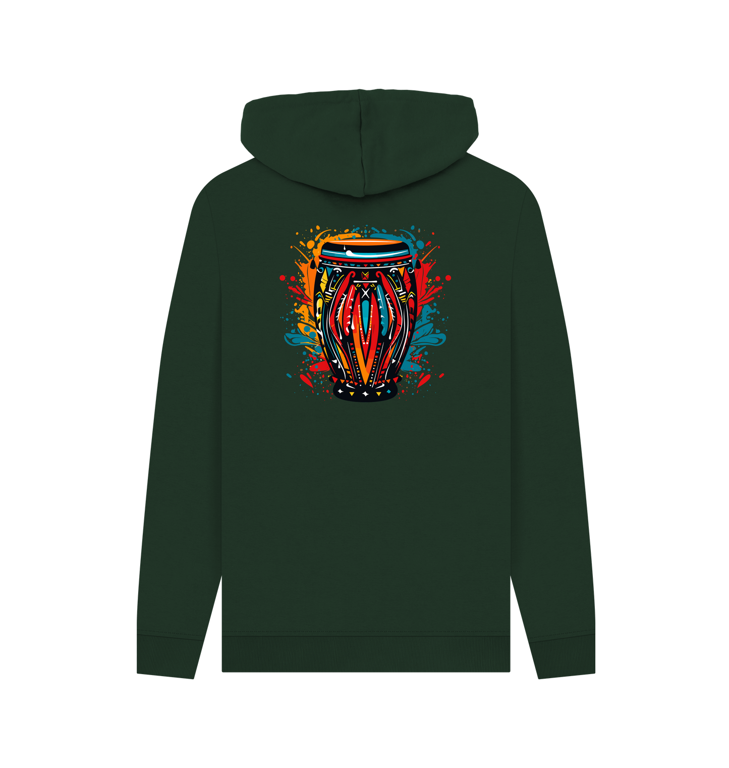 Dark green hoodie with colorful drum design