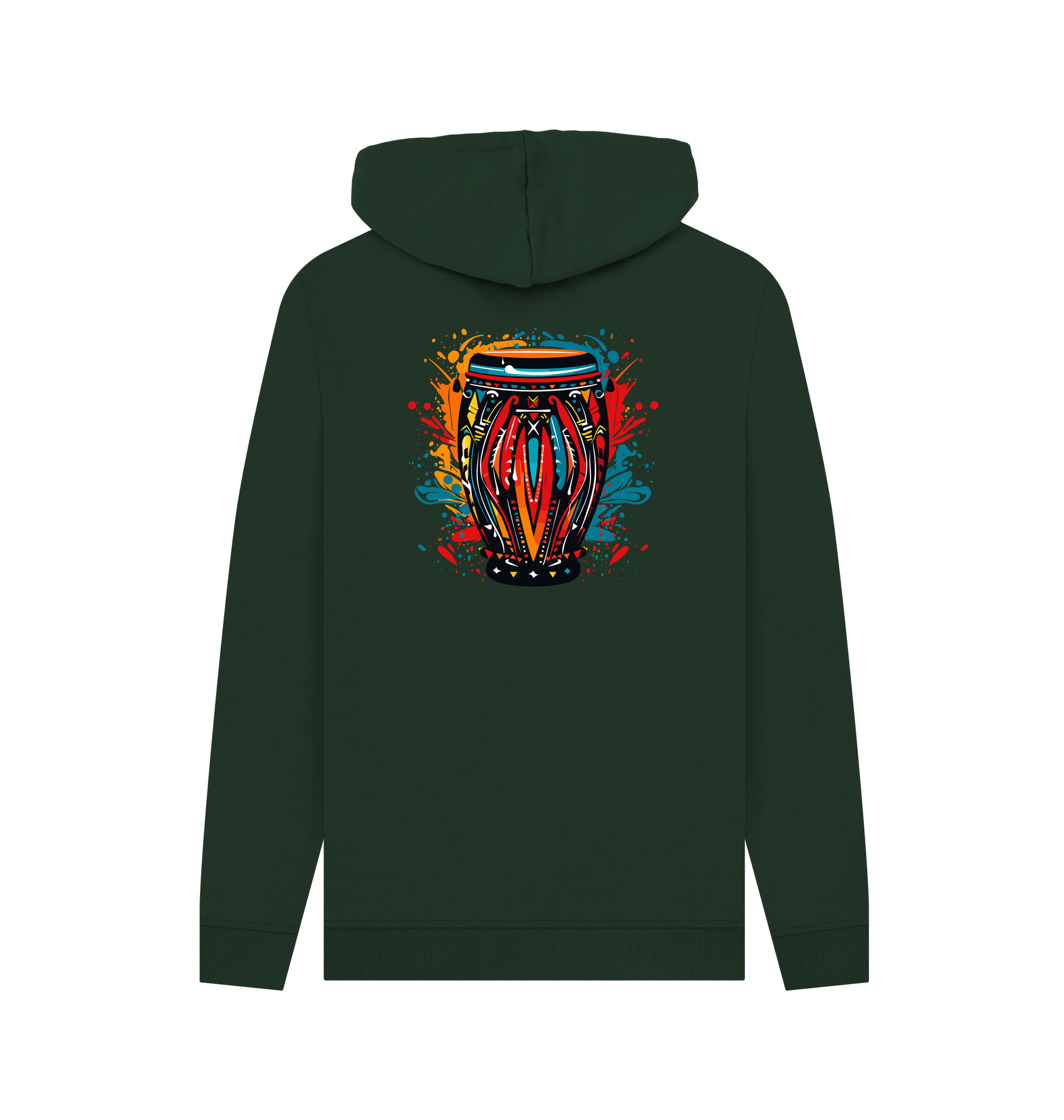 Dark green hoodie with colorful drum design