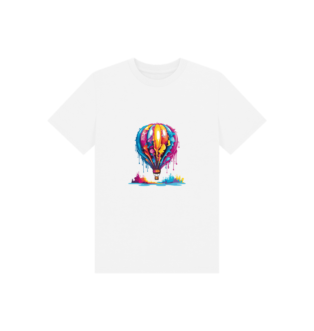 White t-shirt with colorful hot air balloon design