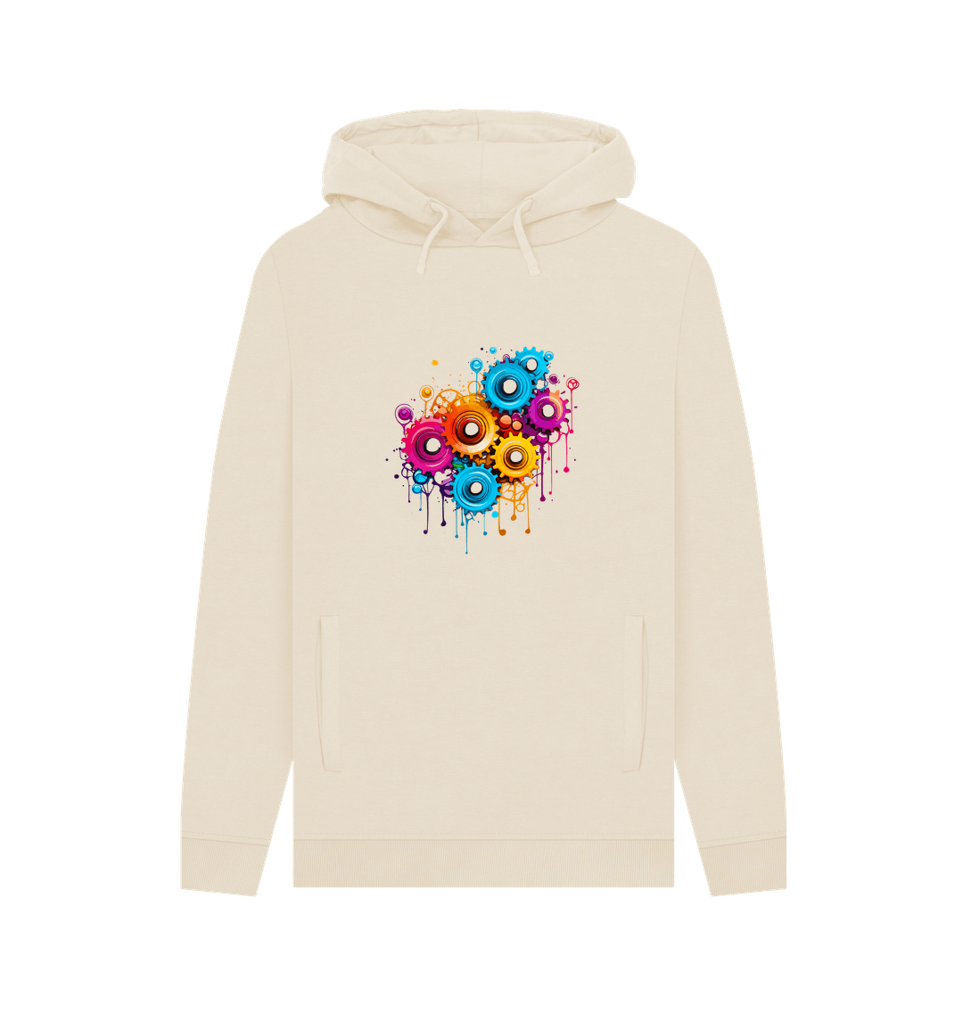 Cream hoodie with colorful gear design