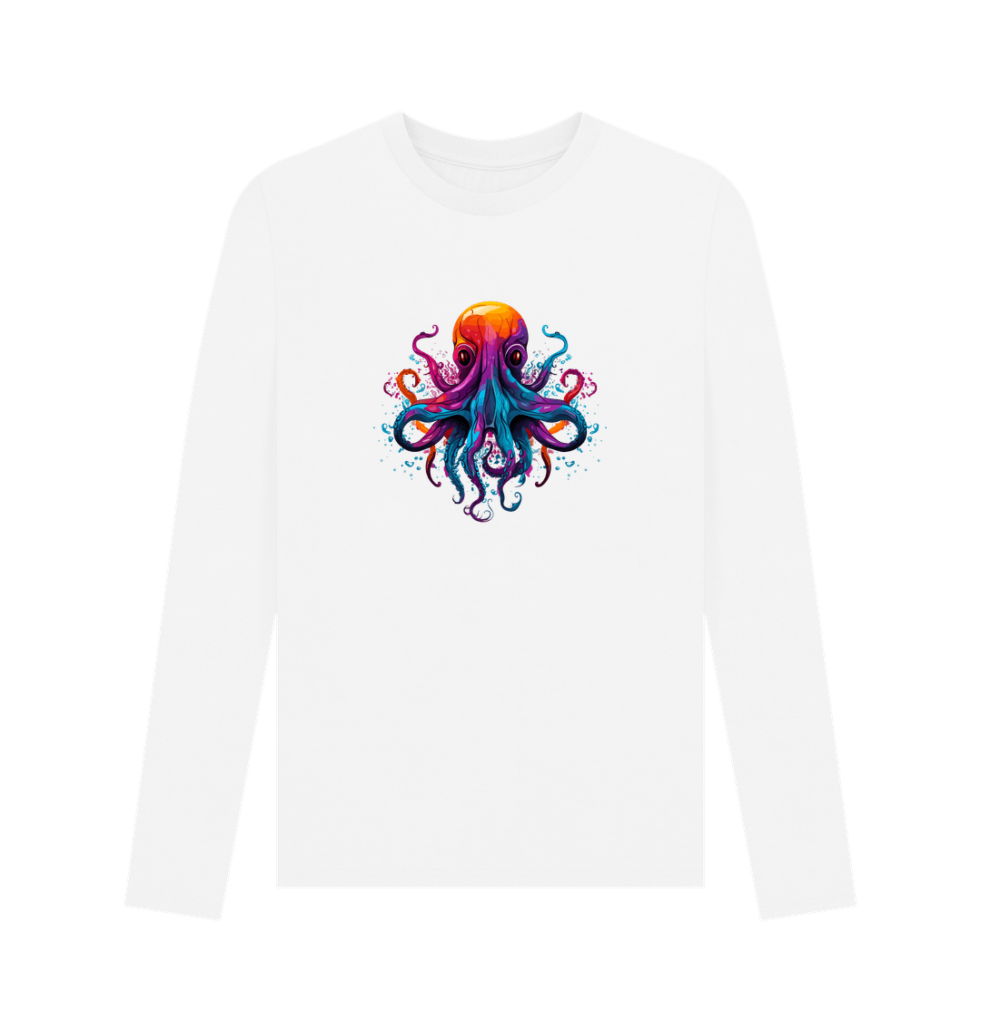 White long-sleeved t-shirt with colorful octopus design