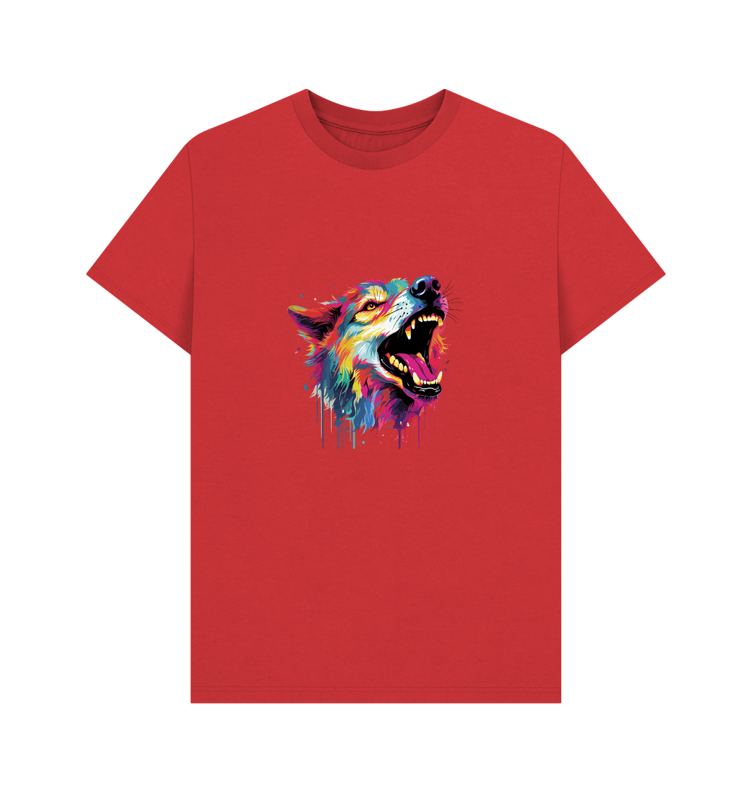 Red t-shirt with colorful wolf graphic